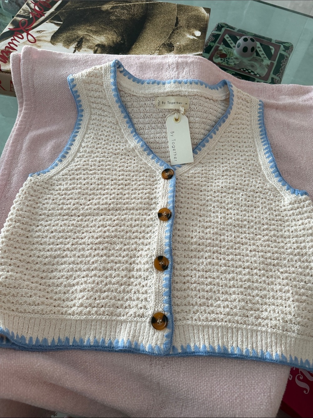 By Together Cream Knit Button-Front Vest with Light Blue Trim
